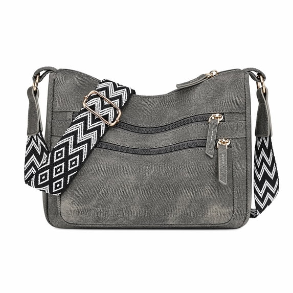 Trendy Crossbody Bags for Women Shoulder Bag with Bold Pattern Strap and Layered Zipper Pockets Gray