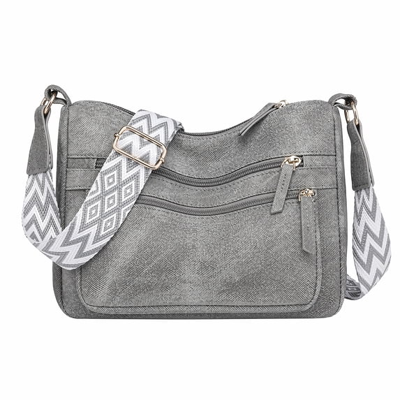 Trendy Crossbody Bags for Women Shoulder Bag with Bold Pattern Strap and Layered Zipper Pockets Light Gray