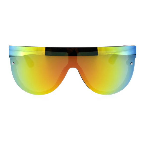 Trendy Cyber Robotic Flat Top 80s Mirror Shield Plastic Sunglasses Black Orange Mirror