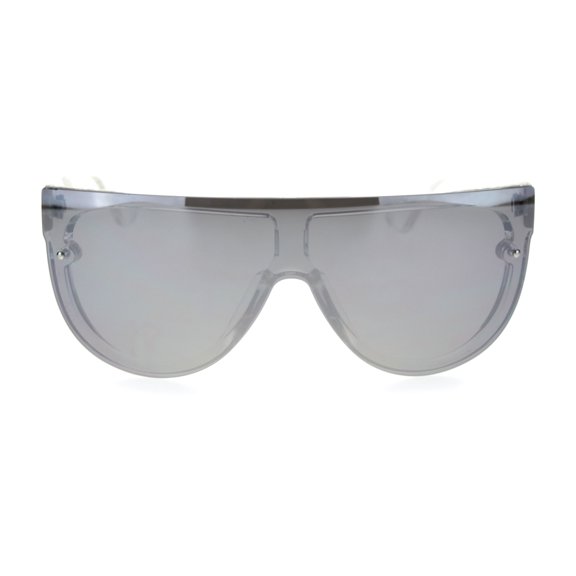 Trendy Cyber Robotic Flat Top 80s Mirror Shield Plastic Sunglasses Clear Silver Mirror