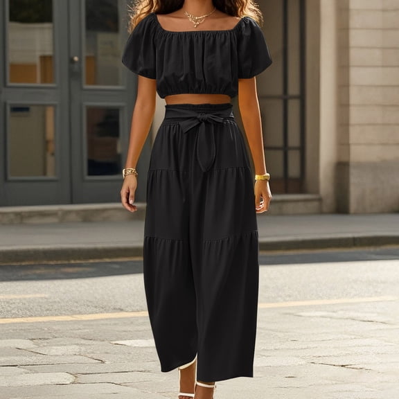 Trendy Daytime Outfits For Casual And Vacation Wear With Fashionable Square Neck Puff Sleeves And Wide Leg Pants Formal Leather Outfits for Women Dress plus Size Women Party Wedding Pants for Women