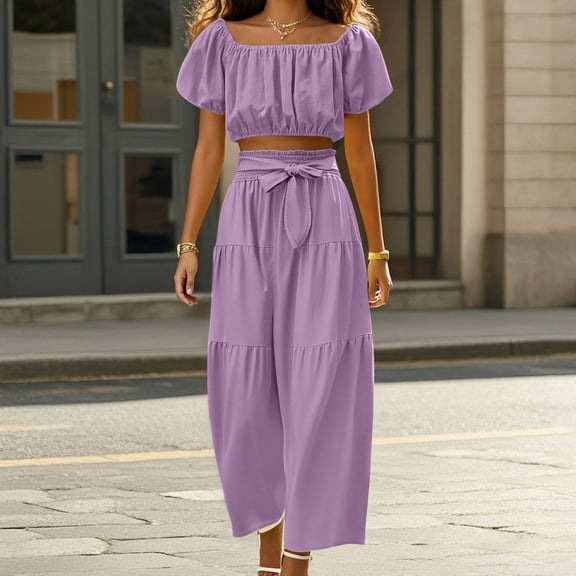 Trendy Daytime Outfits For Casual And Vacation Wear With Fashionable Square Neck Puff Sleeves And Wide Leg Pants Womens Suites with Long Jackets Ladies Pant Suits for Business plus Size Womens Apparel