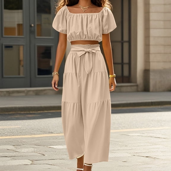 Trendy Daytime Outfits For Casual And Vacation Wear With Fashionable Square Neck Puff Sleeves And Wide Leg Pants Womens Suites with Long Jackets Ladies Pant Suits for Business plus Size Womens Apparel