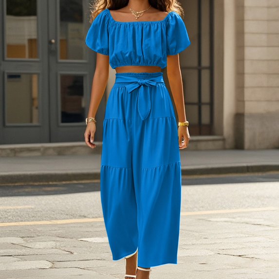 Trendy Daytime Outfits For Casual And Vacation Wear With Fashionable Square Neck Puff Sleeves And Wide Leg Pants Womens Suites with Long Jackets Ladies Pant Suits for Business plus Size Womens Apparel
