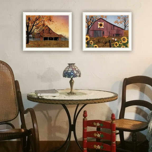 Trendy Decor 4U 2- Piece Vignette Apple Picking time, Sunflower Quilt Barn White Framed Wall Art for Living Room, Bedroom Wall Art Print for Home Decor by Billy Jacobs