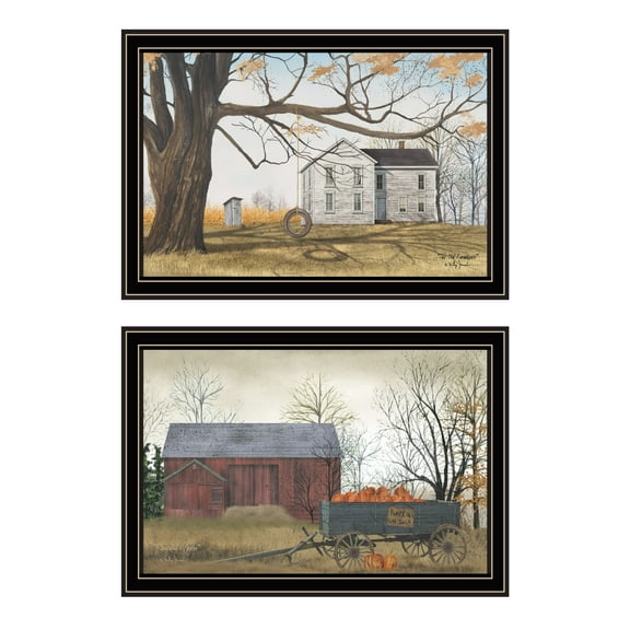 Trendy Decor 4U 2- Piece Vignette Farmhouse, Barn & Pumpkin Wagon Black Framed Wall Art for Living Room, Bedroom Wall Art Print for Home Decor by Billy Jacobs