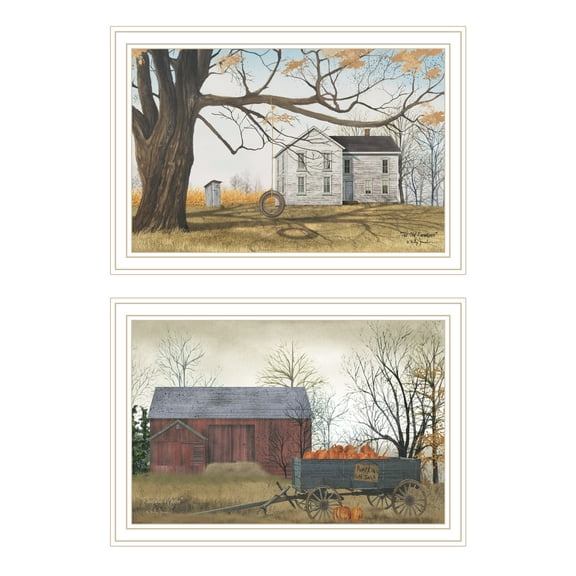 Trendy Decor 4U 2- Piece Vignette Farmhouse, Barn & Pumpkin Wagon White Framed Wall Art for Living Room, Bedroom Wall Art Print for Home Decor by Billy Jacobs