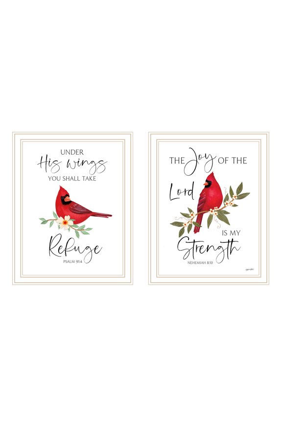Trendy Decor 4U 2- Piece Vignette The Lord Is My Strength- Red Cardinals White Framed Wall Art for Living Room,Bedroom Wall Art Print for Home Decor By Annie Lapoint,Multicolor Wood+Paper Household