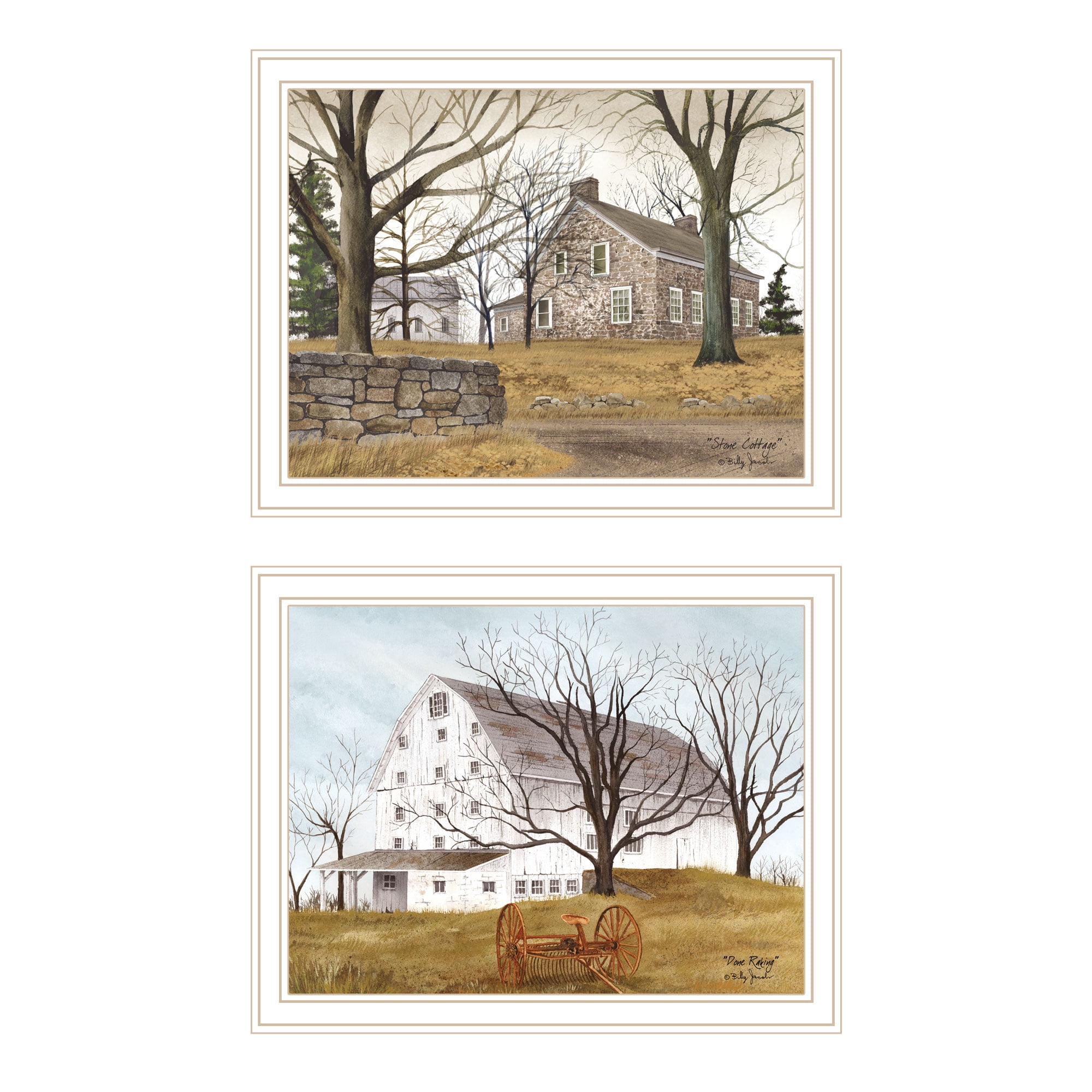 White Framed Stone Cottage and Barn Wall Art Prints