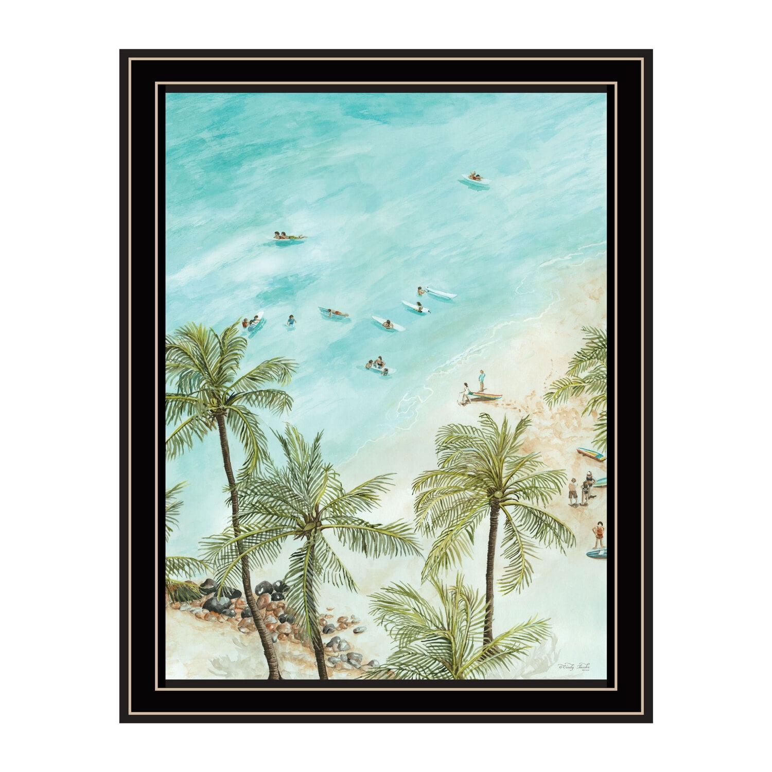 Black Framed Coastal Surfing Canvas Print, 14" x 18"