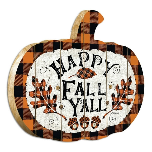 Happy Fall Y'All By Linda Spivey Printed on Wooden Pumpkin Wall Art - Orange