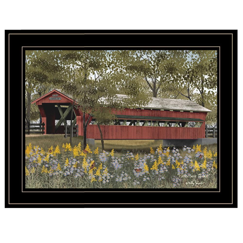 Barn Red Wooden Covered Bridge Print in Black Frame