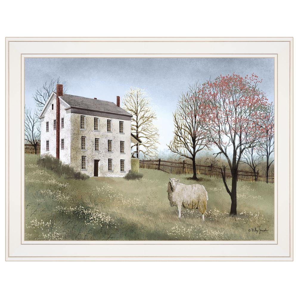 Large White Framed Canvas Print of Spring Farmhouse Scene