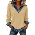 thumbnail image 1 of Trendy Denim Collar Splicing Pullover for Women Long Sleeve V Neck Splicing Tops 1/4 Button Tunic Blouses, 1 of 7