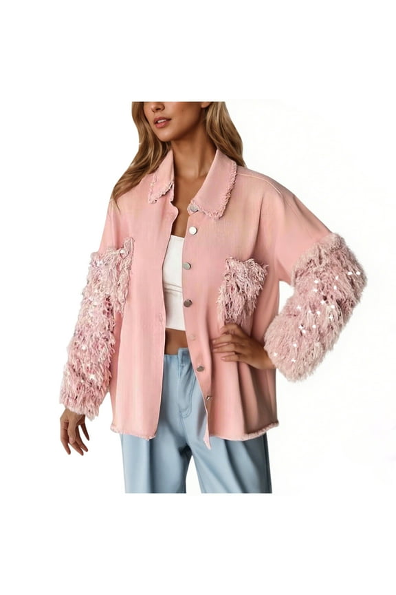 Trendy Denim Jackets for Women with Sequins Tassels Lapel Button Down Ripped Jean Coat Pockets Fall Outerwear (L, Pink)