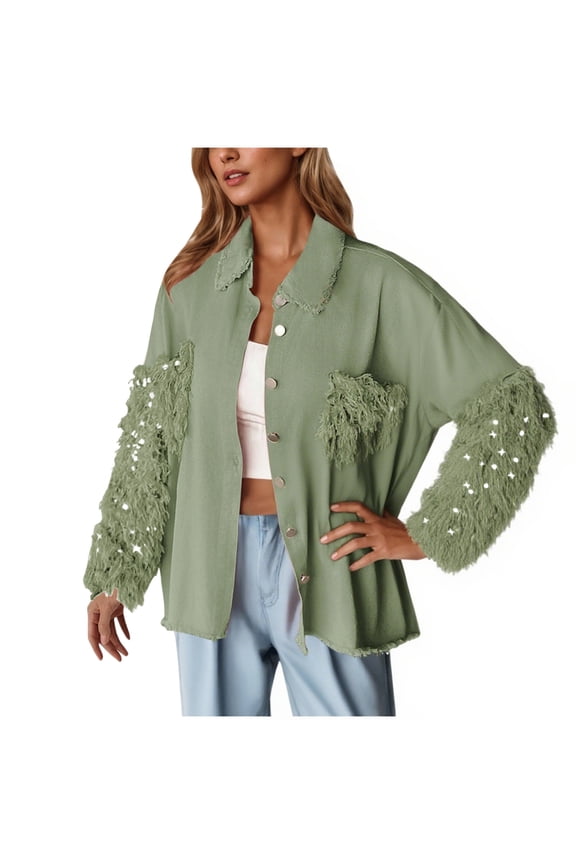 Trendy Denim Jackets for Women with Sequins Tassels Lapel Button Down Ripped Jean Coat Pockets Fall Outerwear (M, Army Green)