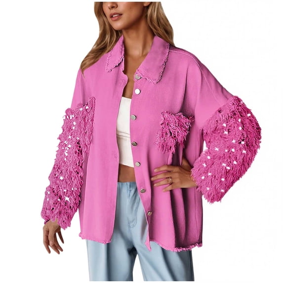 Trendy Denim Jackets for Women with Sequins Tassels Lapel Button Down Ripped Jean Coat Pockets Fall Outerwear (M, Hot Pink)