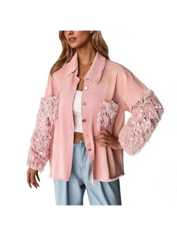 Trendy Denim Jackets for Women with Sequins Tassels Lapel Button Down Ripped Jean Coat Pockets Fall Outerwear (XL, Pink)