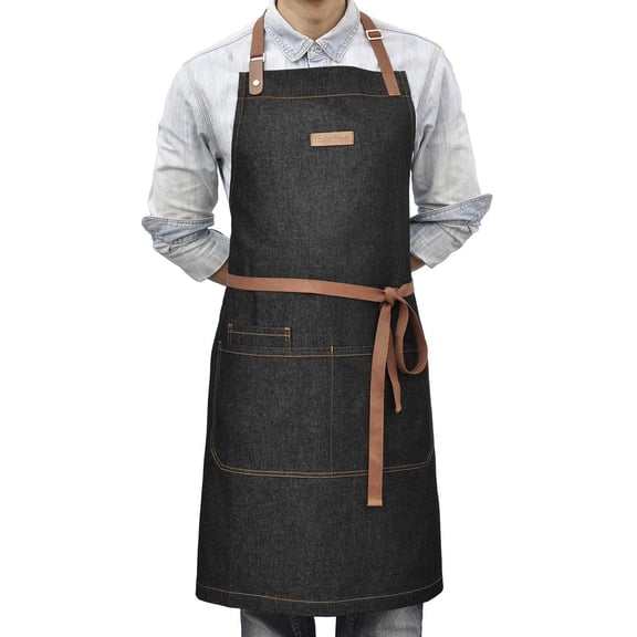 Trendy Denim Kitchen Apron with Pockets, Mens Womens Professional Chef Bib Apron for Cooking Grill BBQ