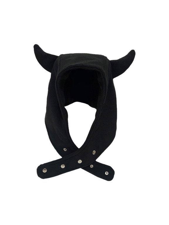 Trendy Devil Hat Headwear with Horn for Hiking Camping Adjustable Cap with Button Novelty Skull Hat