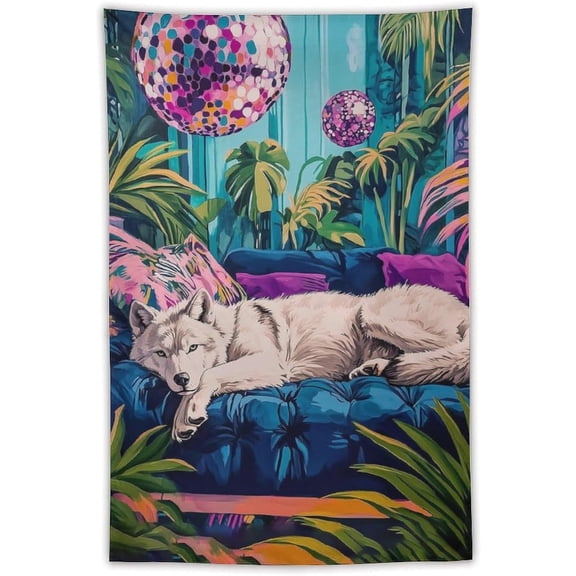 Trendy Disco Ball Wolf Tapestry Wall Hanging Funny Animal Aesthetic Prints Boho Tropical Jungle Wall Decor Vintage Y2K Girly Tapestries for Bedroom Living Room Dorm 40x60inch