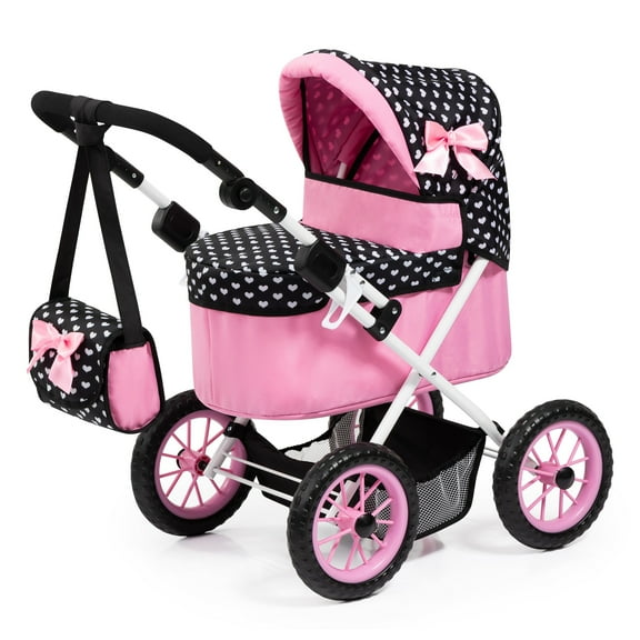 Trendy Doll Pram in Black & Pink W/ Hearts, Includes Matching Shoulder Bag, Fits Dolls Up to 18"