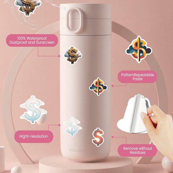 Trendy Dollar Sign Theme Stickers, Waterproof Dollar Sign Theme Sticker for Water Bottle Laptop Phone Cases Planner Skateboard Luggage Helmet Party Favor Decor, Ideal for Adults Teens Teacher Rewards