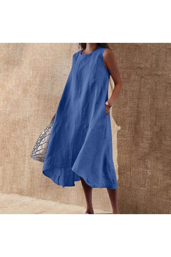 Trendy Dresses Maxi Dress Summer Dresses For Women Print Sleeveless Round Neck Dress Casual Long Dresses Blue M