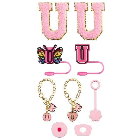 Trendy Drinkware Accessory Set with Embroidery Patch Straw Covers Charm Necklace Chain and Leak Guard for Stylish Cup Decoration