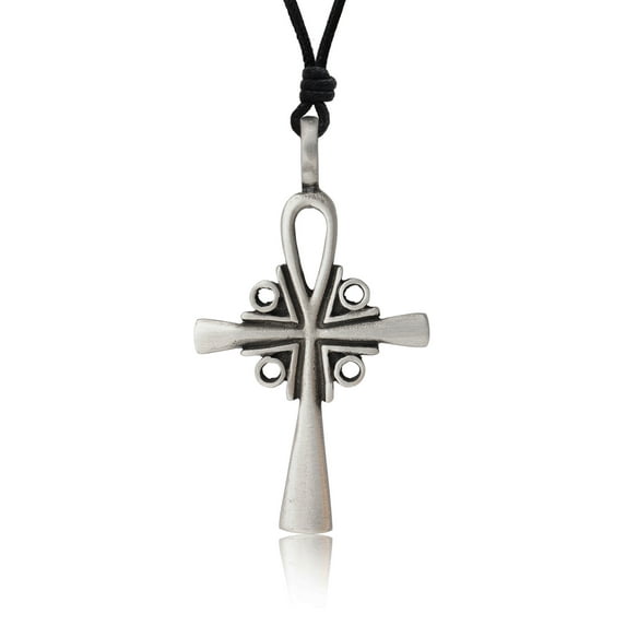 Trendy Egyptian Ankh Pewter Silver Charm Necklace Pendant Jewelry With Cotton Cord
