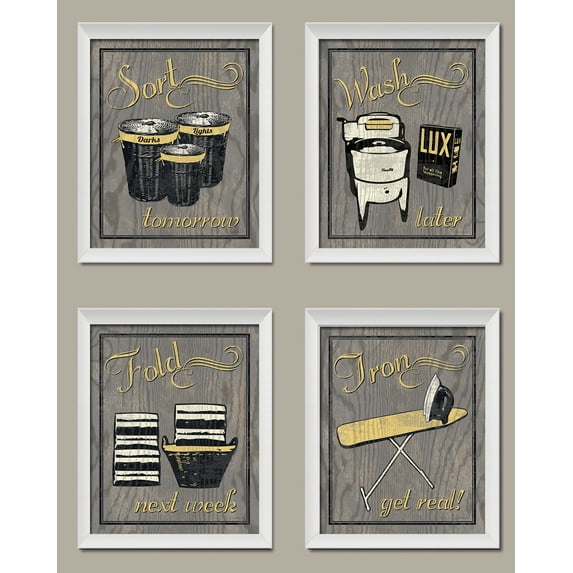 Trendy & Extremely Popular Humorous Laundry Room Wash Sort Fold Iron Set; Four 8 by 10-Inch White Framed Fine Art Prints; Ready to hang! Grey/Yellow