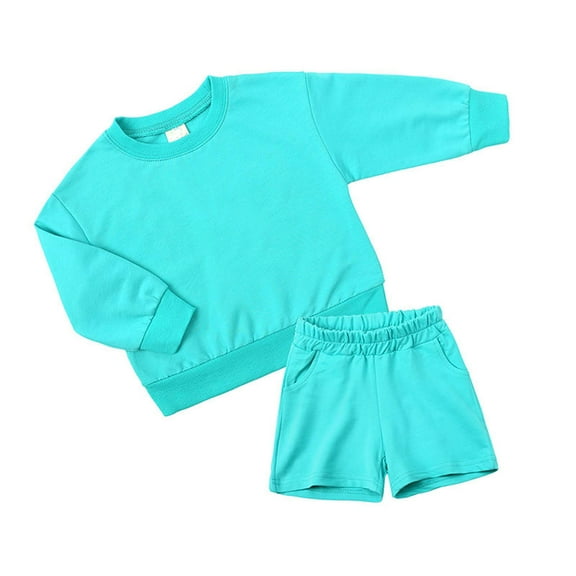 Trendy Fall Outfits for Girls Girls Boys Fall Winter Long Sleeve Round-Neck Blouses and Casual Shorts Baby Sport Suit New Casual Matching Sets Blue 1-2T