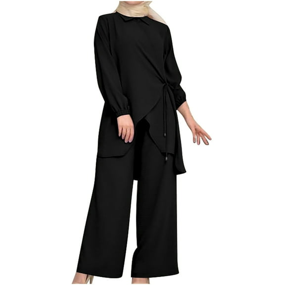 Trendy Fall Outfits for Women 2 Piece Long Sleeve High Neck Tie Front Top and Wide Leg Pant Sets Casual Modest Wear (XL, Black)
