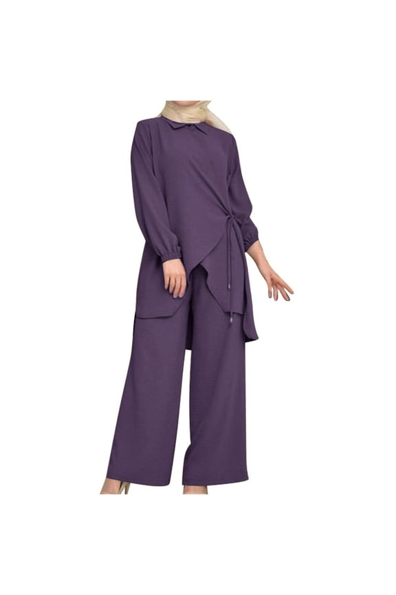 Trendy Fall Outfits for Women 2 Piece Long Sleeve High Neck Tie Front Top and Wide Leg Pant Sets Casual Modest Wear (XL, Purple)