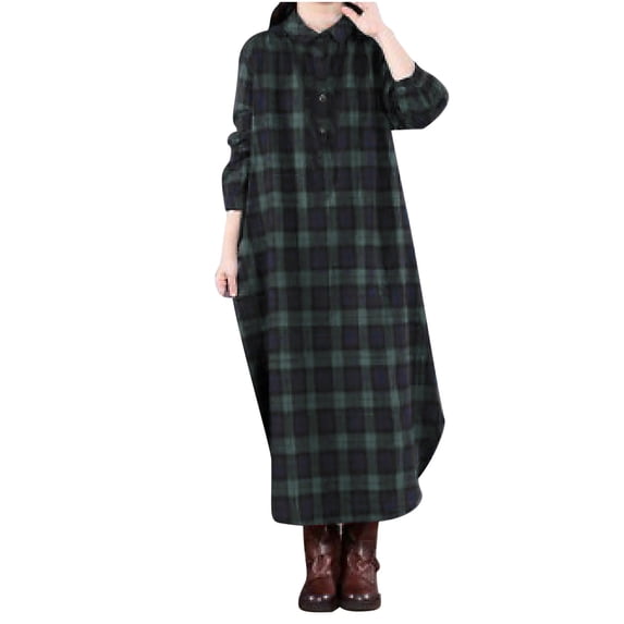 Trendy Fall Plaid Maxi Dress for Women Classic Fit Button Down Loose Cotton Linen Shirt Dresses Long Sleeve Blouse