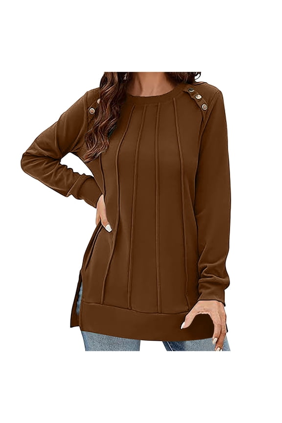 Trendy Fall Tops for Women Long Sleeve Side Split Shirts Round Neck Pleated Casual Tunic Top Fashion Blouses (XL, Brown)