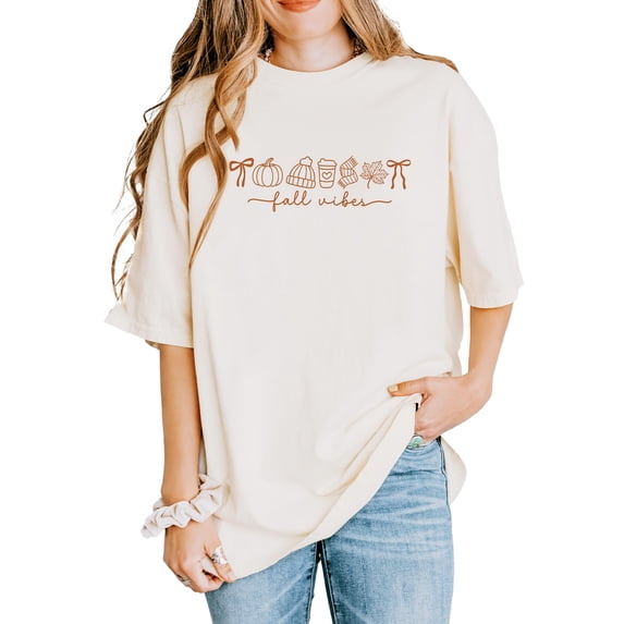 Trendy Fall Vibes Shirt For Women and Teens Pumpkin, Coffee, Leaf & Fall Things Graphic T-Shirt Ivory Shirt Adult Small