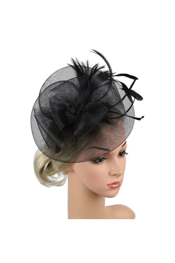 Trendy Fascinators for Women Tea Party Charming Double Mesh Top Hat Flower Feather Mesh Headband Hair Clip Women Vintage Fascinator Women's Organza Church Bridal Hair Clip Headpiece Black One Size