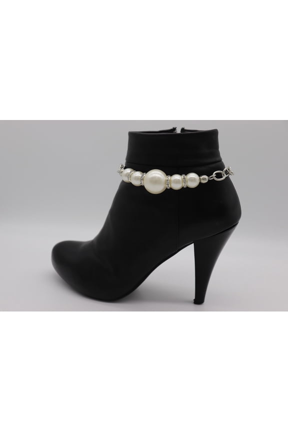 Women Western Boot Chain Bling 2 Bracelet Silver Metal Imitation Pearl Beads Shoe Charm z272 PAIR