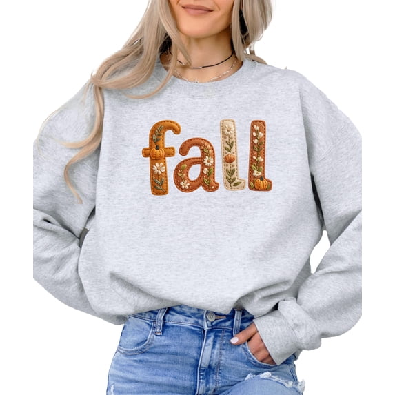 Trendy Faux Embroidery Fall Sweatshirt for Women, Youth and Kids Flower Sweater Gray Sweatshirt Adult Large