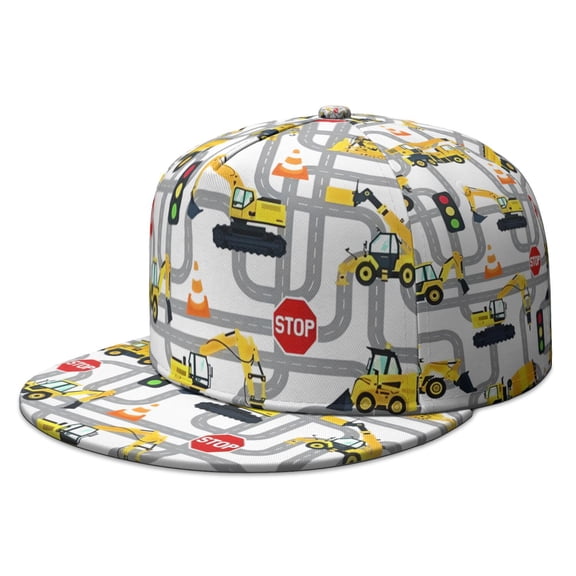Trendy Flat Bill Cap – Fire Truck & Excavator Print, Adjustable Breathable Snapback Hat for Boys, Men, Hip Hop Enthusiasts