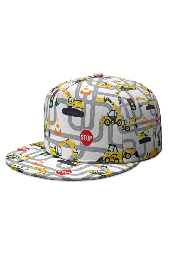 Trendy Flat Bill Cap – Fire Truck & Excavator Print, Adjustable Breathable Snapback Hat for Boys, Men, Hip Hop Enthusiasts