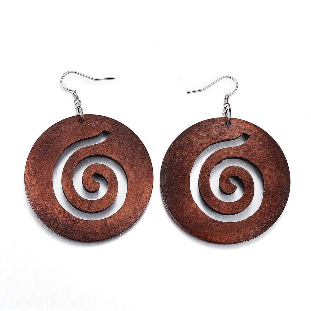 Trendy Flat Round Wood Dangle Earrings with Platinum Tone Alloy Earring Hooks Coffee 69~71x49~50mm pin: 0.8mm diy