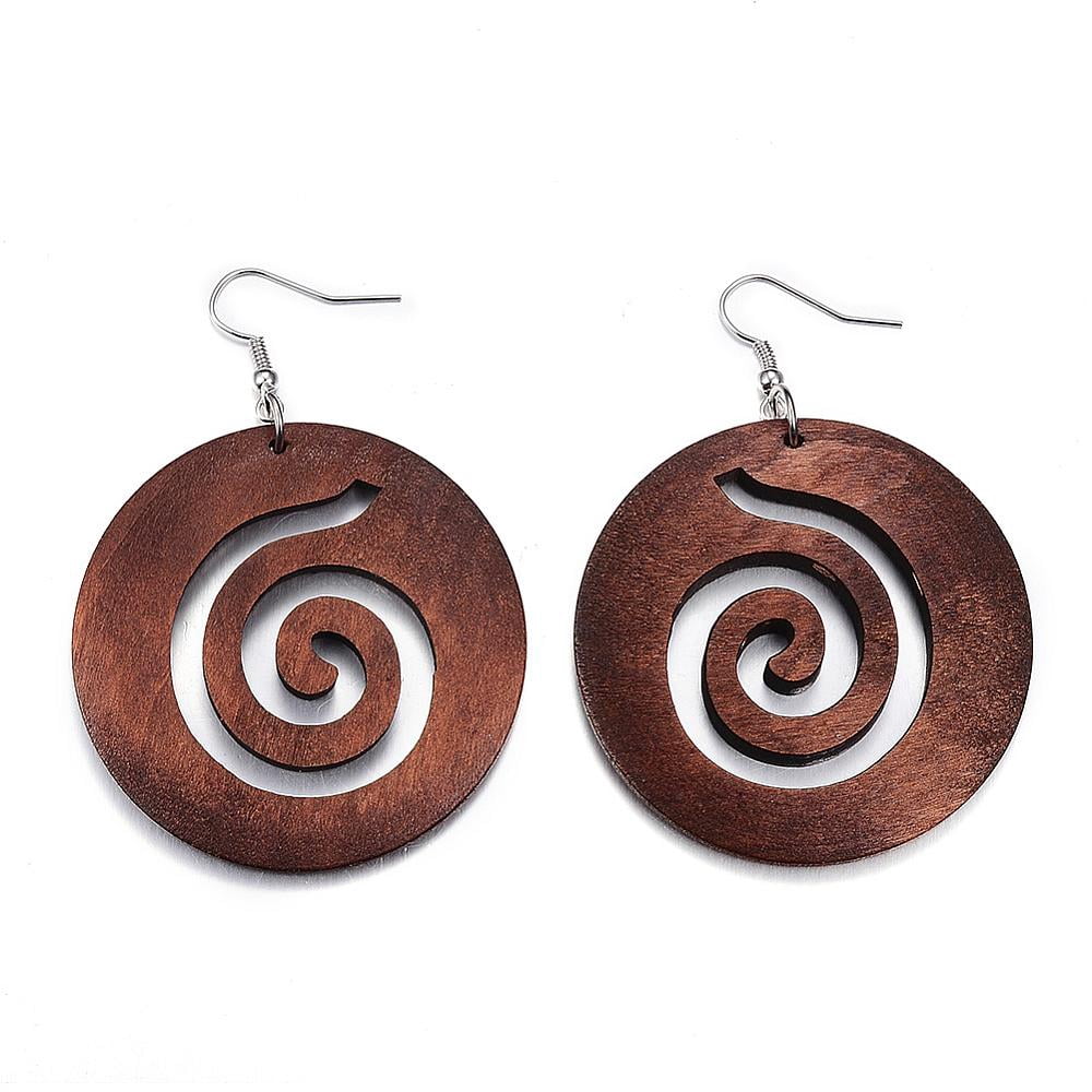 Trendy Flat Round Wood Dangle Earrings with Platinum Tone Alloy Earring Hooks Coffee 69~71x49~50mm pin: 0.8mm