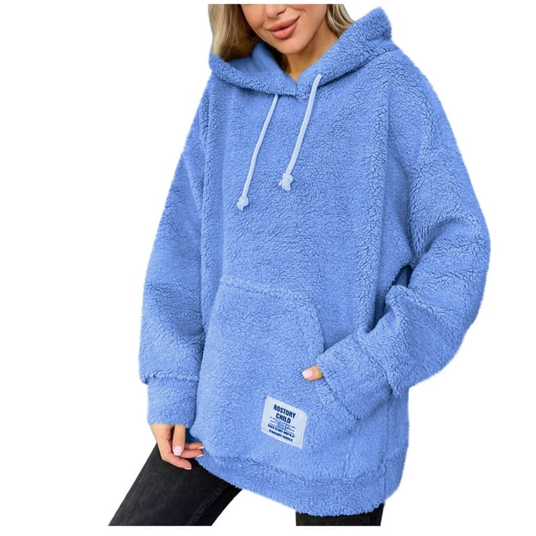 Trendy Fleece Hoodie for Women with Pocket Fuzzy Casual Warm Oversize Pullover Sweater Top Hooded Sweatshirts Loose X Large Blue Walmart