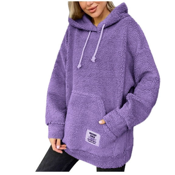 Trendy Fleece Hoodie for Women with Pocket Fuzzy Casual Warm Oversize Pullover Sweater Top Hooded Sweatshirts Loose (X-Large, Purple)