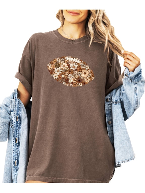 Trendy Floral Football Shirt for Women and Teens Cute Flower Fall Sports T-Shirt Espresso Shirt Adult Medium