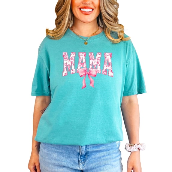 Trendy Floral Mama Shirt for Women Pink Bow Graphic Tee Seafoam Shirt Adult Medium