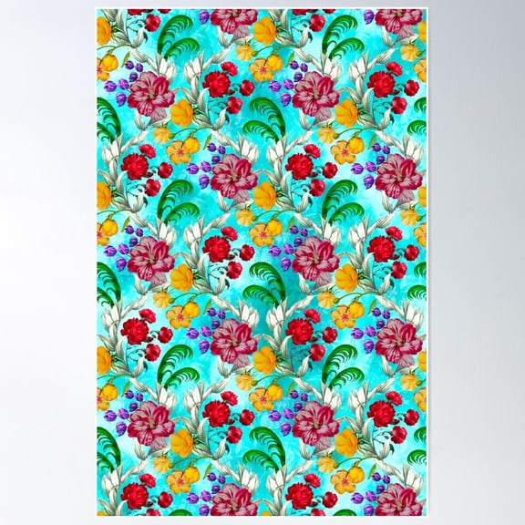 Trendy Flowers In A Diamond Floral Pattern, Decorative Pattern, Modern Design, Flowers Repeat Pattern, Blue Floral Poster Wall Art, Modern Wall Decor For Living Room Bedroom, 8x12 UNFRAMED