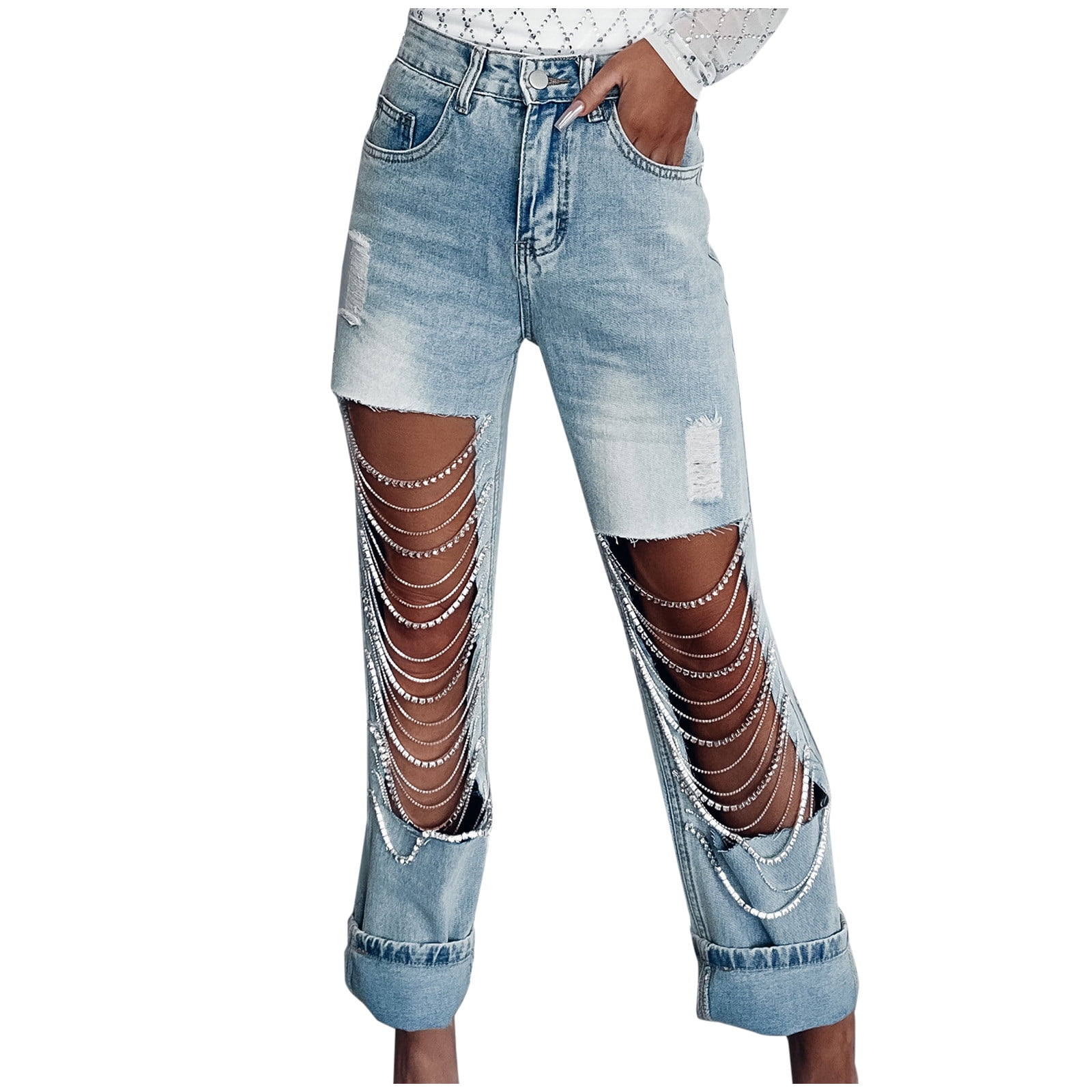 Trendy Frayed Distressed Denim Pants Womens Hollow Out Rhinestone